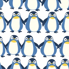 Obraz premium Cute cartoon penguins in a repeating pattern on a light background.