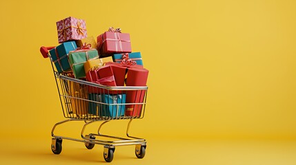 A shopping cart filled with colorful wrapped gifts against a bright yellow background.