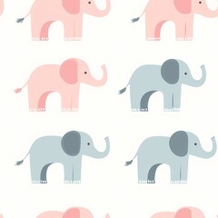 Charming pattern of playful pink and blue elephants on a light background.