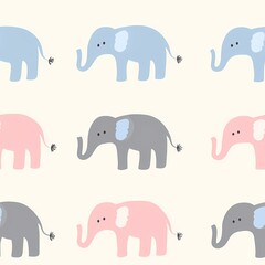Playful pattern of cartoon elephants in blue, gray, and pink on a light background.