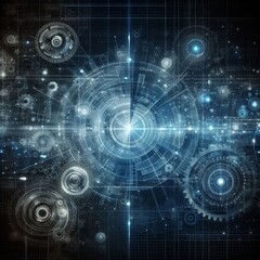 Abstract blue digital technology background with gears and cogs, dark color palette
