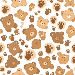 Obraz premium Cute pattern of teddy bears and paw prints in soft brown tones.