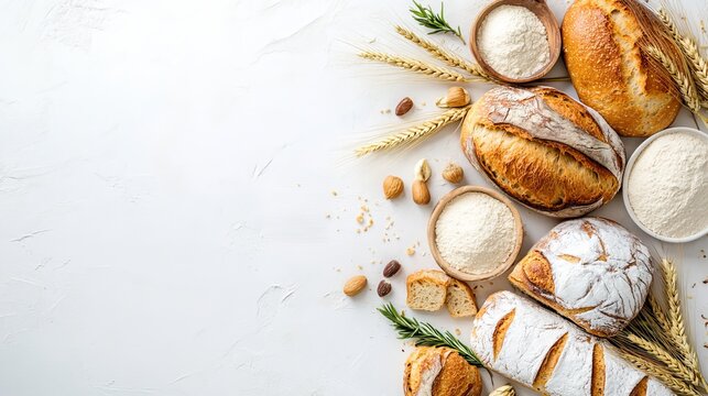 Freshly baked bread and flour ingredients on a white background, featuring a variety of artisan bread and wheat ears. Perfect for a banner or promoting a bakery. 