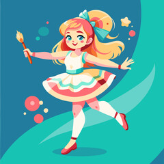 Playful fairy girl with magic wand dancing against teal background