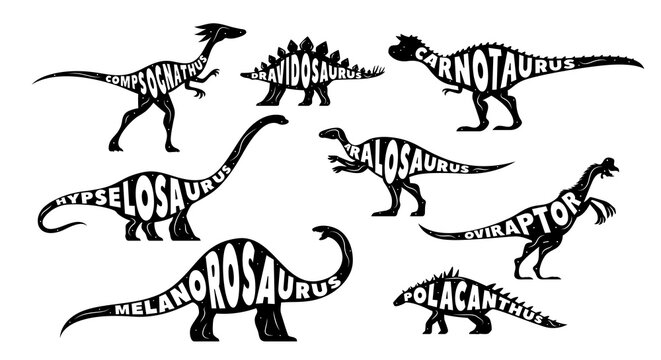 Dinosaurs silhouettes with lettering, Jurassic era lizards and dino characters, cartoon vector. Prehistoric dinosaurs species of dravidosaurus, carnotaurus and melanosaurus and oviraptor silhouettes