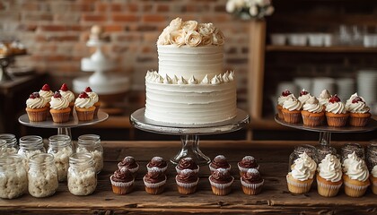 A white two-tiered wedding cake with cupcakes and desserts on a rustic wooden table.