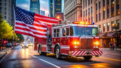 Obraz premium A shiny red fire truck adorned with an American flag and emergency lights speeds down a city street, symbolizing heroism and national pride.