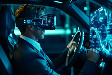 Virtual Driver: Man in VR headset navigates a futuristic car with digital interface.