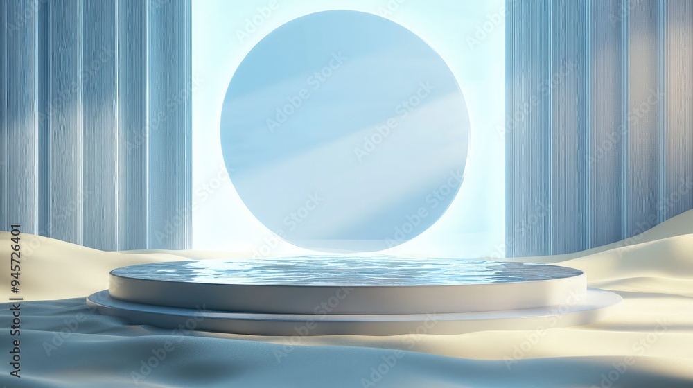 Poster sophisticated 3d render with a round display platform on water and sand, framed by glass panels. per