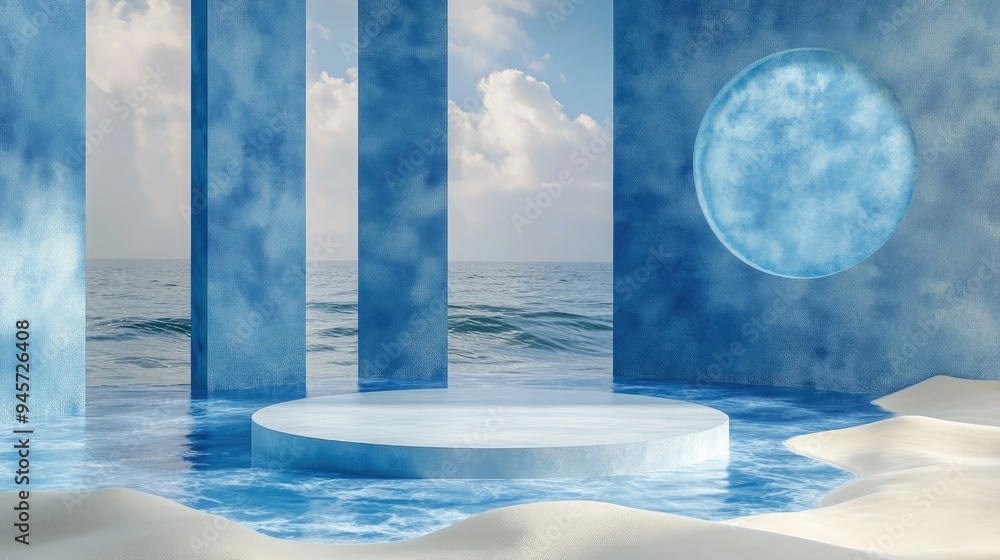 Poster sophisticated 3d render with a round display platform on water and sand, framed by glass panels. per