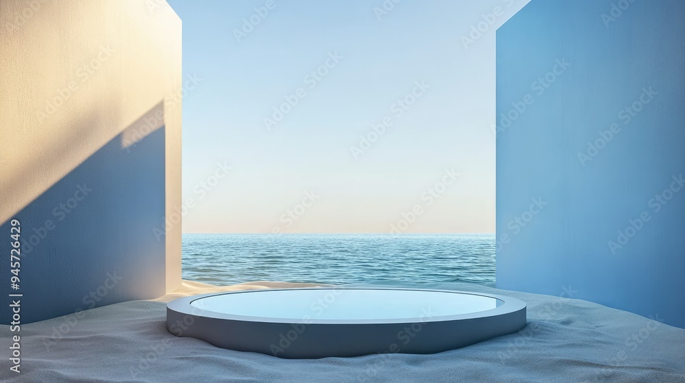 Poster sophisticated 3d render with a round display platform on water and sand, framed by glass panels. per