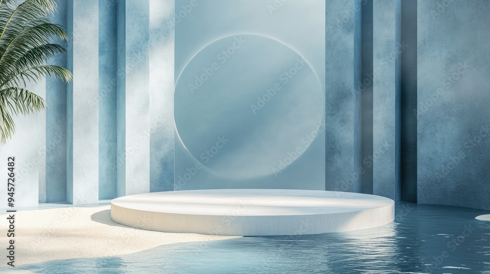 Poster sophisticated 3d render with a round display platform on water and sand, framed by glass panels. per