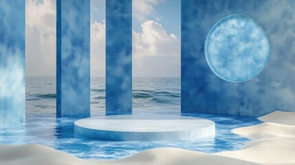 Sophisticated 3D render with a round display platform on water and sand, framed by glass panels. Perfect for high-end product showcases with a blue geometric background and empty space.