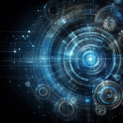 Fototapeta premium Abstract blue digital technology background with gears and cogs, dark color palette 