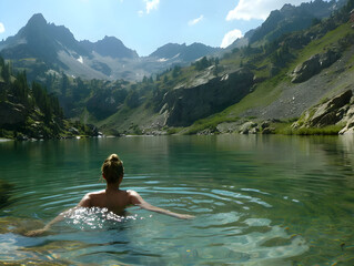 Clear blue water reflecting green pine trees, with rocky mountains in the background on a sunny day.