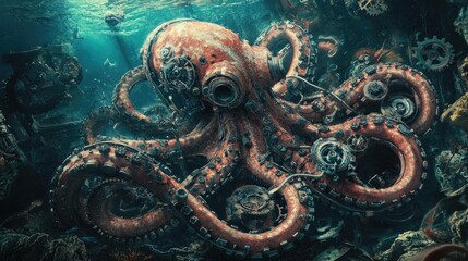 Steampunk-themed octopus with cyborg elements, set in a deep-sea environment. The combination of gears and marine life creates a fascinating and imaginative image.