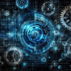 Obraz premium Abstract blue digital technology background with gears and cogs, dark color palette 