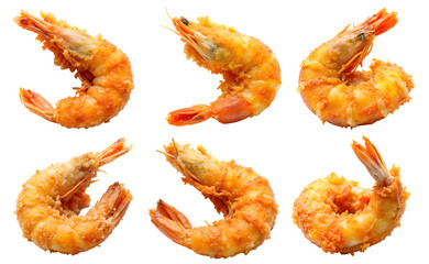 Set of shrimps fried in batter, isolated on transparent background with outline. The concept of tasty and healthy food.