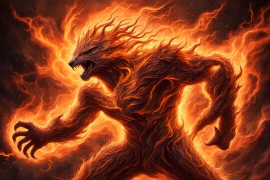 A blazing firestorm with flames whipping around in all directions creating chaos and intensity, AI generated