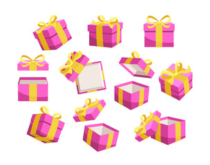 Set of pink gift boxes with yellow ribbons is floating and rotating on a white background