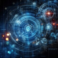 Obraz premium Abstract blue digital technology background with gears and cogs, dark color palette 
