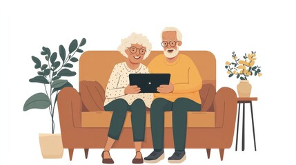 Tender moment captured with an elderly couple on a sofa, joyfully sharing a tablet and looking at something together. Ideal for depicting family bonds and technology use.