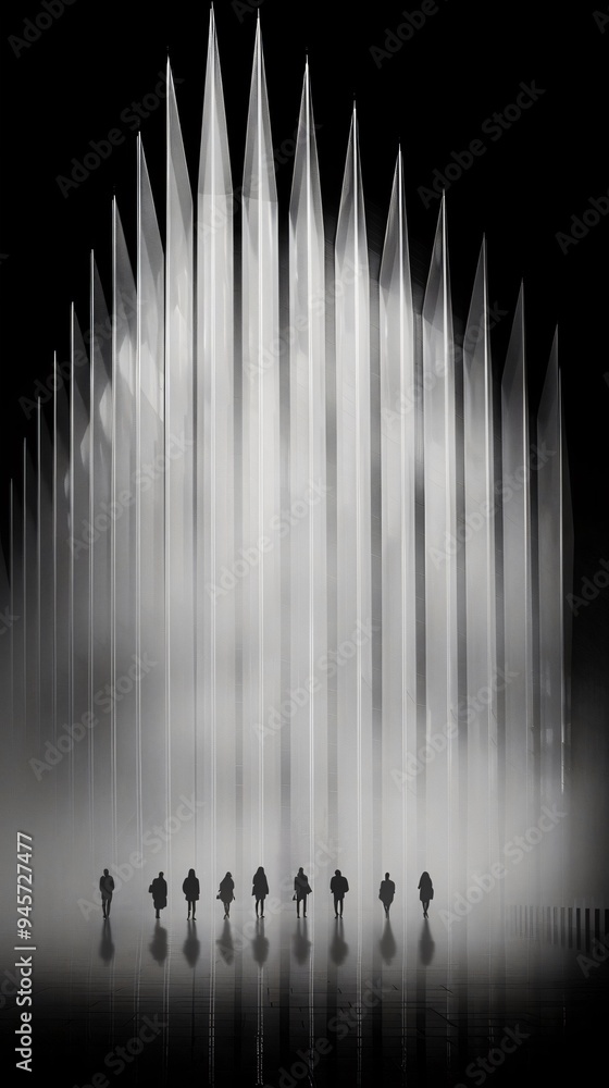 Poster monochrome architectural abstraction: silhouettes in the fog