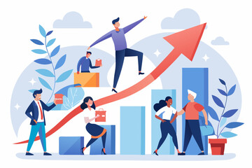 Obraz premium Growth strategy, team collaboration to grow business success, teamwork or partnership to develop or improve work efficiency concept, businessman and woman employee team help grow rising arrow chart. 