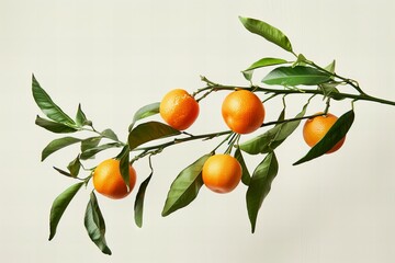 Close up of ripe organic multiple orange fruits on tree branch on beige background.