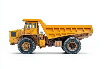 Fototapeta premium A side view of a yellow dump truck, commonly used in construction and mining.
