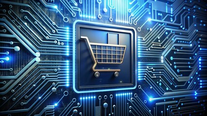A sleek, modern online shopping cart icon on a digital screen, filled with assorted electronic gadgets and devices, surrounded by floating wires and circuit boards.
