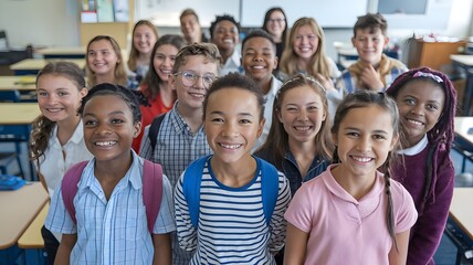 Happy diverse junior school students children group looking at camera standing in classroom. Smiling multiethnic cool kids boys and girls friends posing for group portrait together.