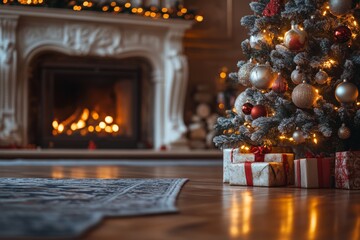 Cozy Christmas living room with a decorated tree, stockings, and a warm fireplace, creating a festive holiday atmosphere.