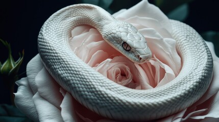 Fototapeta premium White snake and rose combined in an elegant image, emphasizing the grace and beauty of both creatures. The contrast between the snake and the flower is striking.