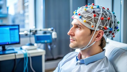 a sleek EEG machine with sensors attached to a patient's scalp, monitoring brain activity in a clinical setting.