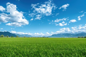Fototapeta premium Green Field Under Blue Sky and Mountains