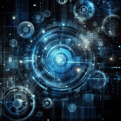 Obraz premium Abstract blue digital technology background with gears and cogs, dark color palette 