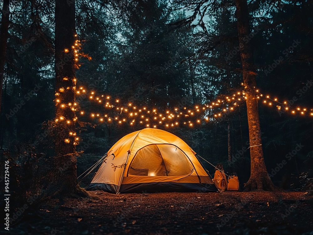 Wall mural tent with garlands in the forest at night