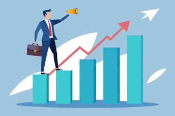 Vision to see next goal, motivation to success, forecast and business prediction, challenge to be better and achieve success concept, confidence businessman step on rise up graph look for next goal

