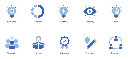 Innovation, Progress, Visionary, Idea, Generation, Novelty, Originality, Creativity, Teamwork Vector Icon Set