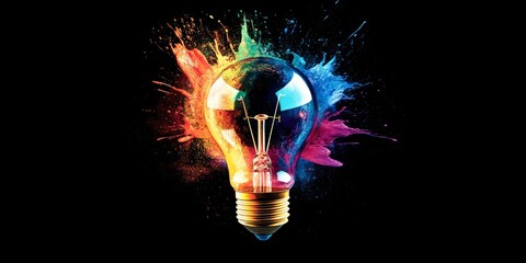 A vibrant light bulb bursts, showering colors to illustrate creative brainstorming and new ideas
