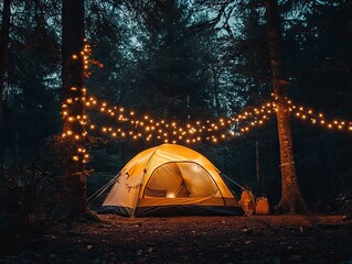 tent with garlands in the forest at night