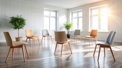 A soft focus image of a circle of chairs in a calm, minimalist room, evoking a sense of supportive community and emotional connection in therapy sessions.