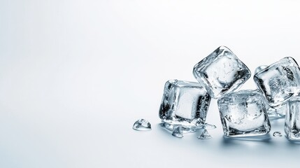 Close-up of Transparent Ice Cubes on White Background with Clear Reflections