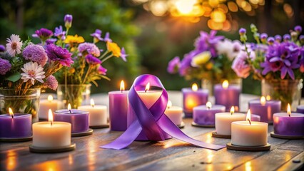 A solemn memorial with candles, flowers, and ribbons honors lives lost to overdose, raising awareness for support and prevention on International Overdose Awareness Day.