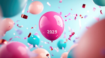 2025 surrounded by balloons and streamers showcasing a playful and lighthearted celebration.