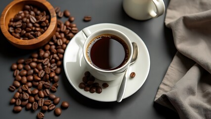 Top view of coffee in cup on saucer near scattered roasted beans, wooden bowl and milk jug