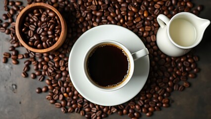 Fototapeta premium Top view of coffee in cup on saucer near scattered roasted beans, wooden bowl and milk jug