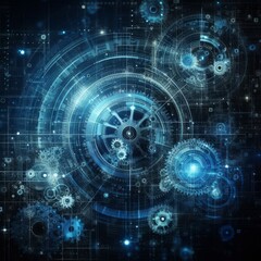 Obraz premium Abstract blue digital technology background with gears and cogs, dark color palette 