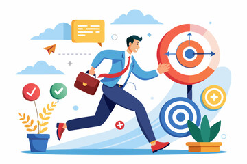 Short term, mid-term and long term goals, step to reach success or achievement, aim for targets, objectives or purpose, challenge to goals, businessman running to short, medium and long term
